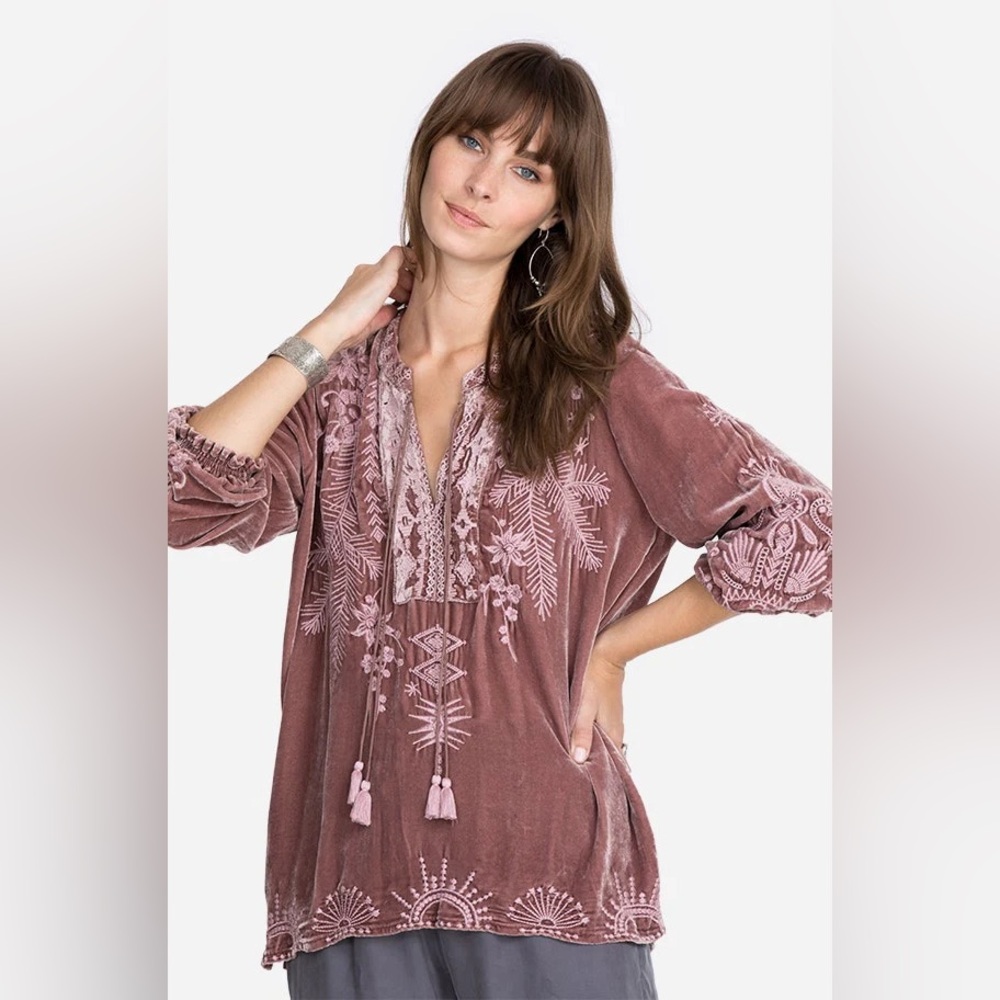 JOHNNY WAS Embroidered Dylan Double Tassel Peasant Blouse women’s SIZE LARGE